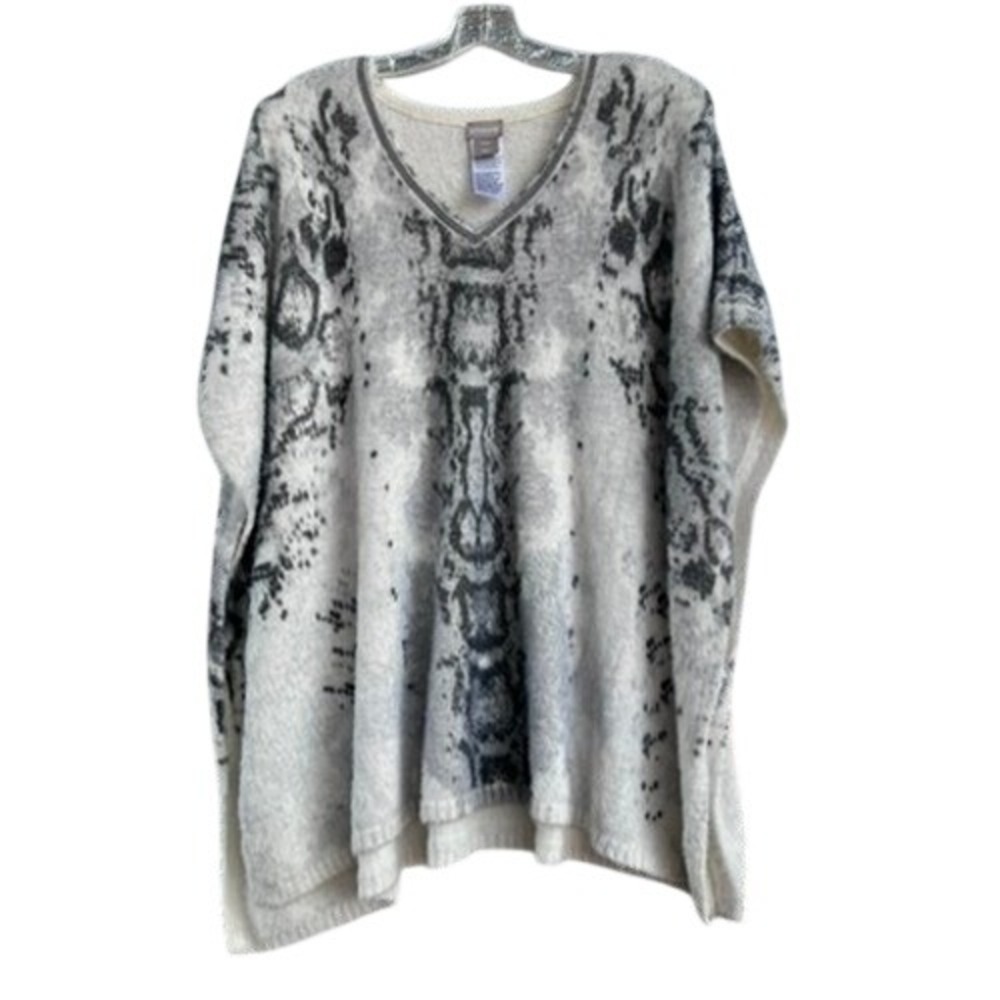Chico's Grey White Snakeskin Animal Print V-Neck Poncho Sweater S/M Fuzzy Knit